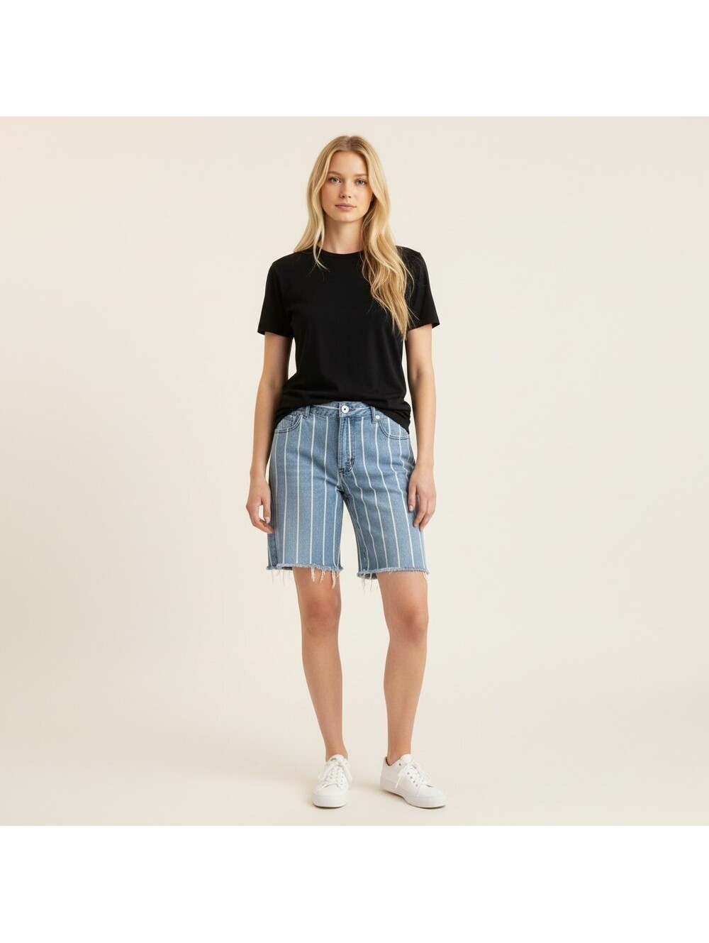 Rue21 Shorts Women M Medium Blue Striped Denim Medium Wash High Rise Bermuda